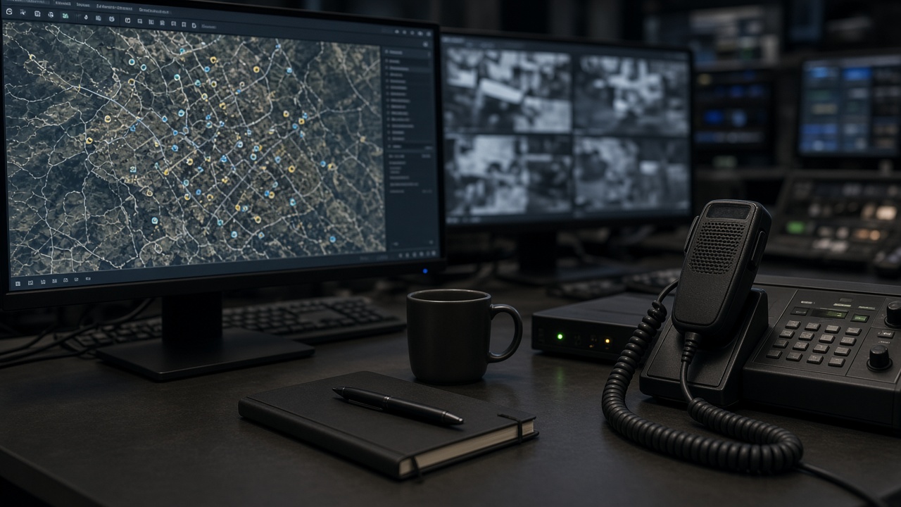 Fleet operations desk with a map display