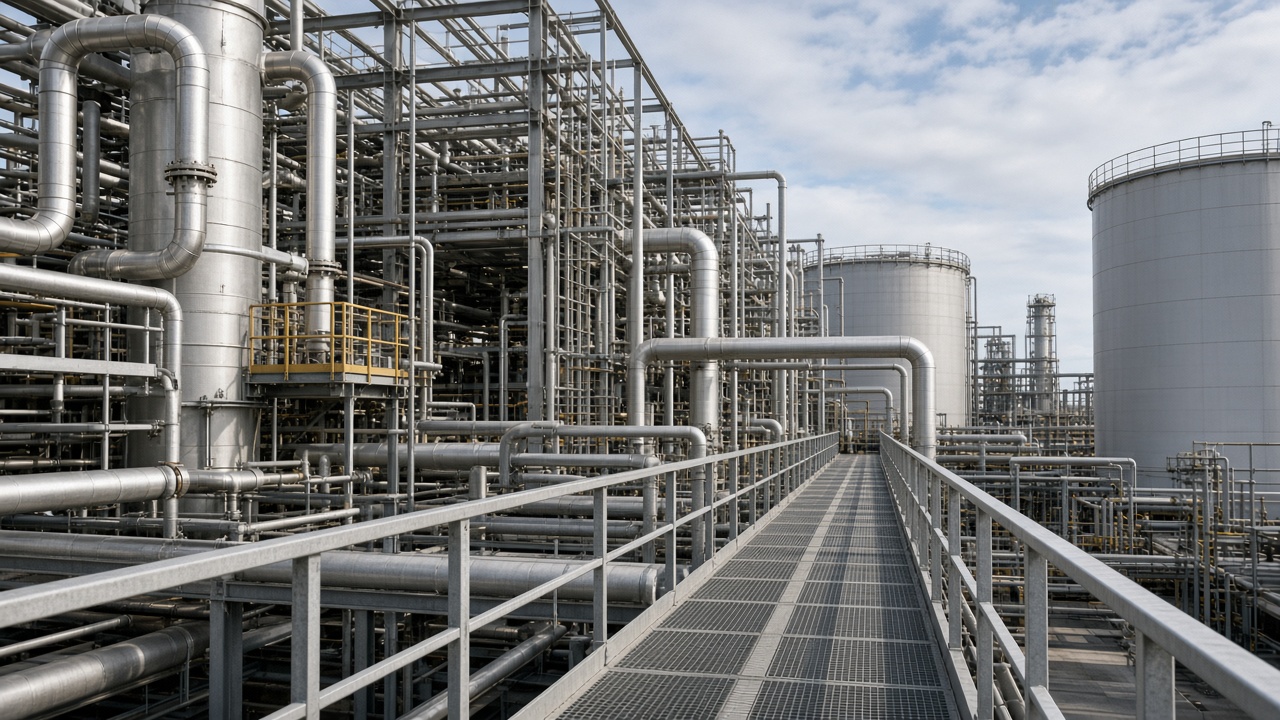 Process plant with tanks and piping