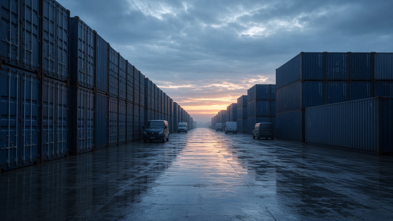 Distribution yard with containers and vans