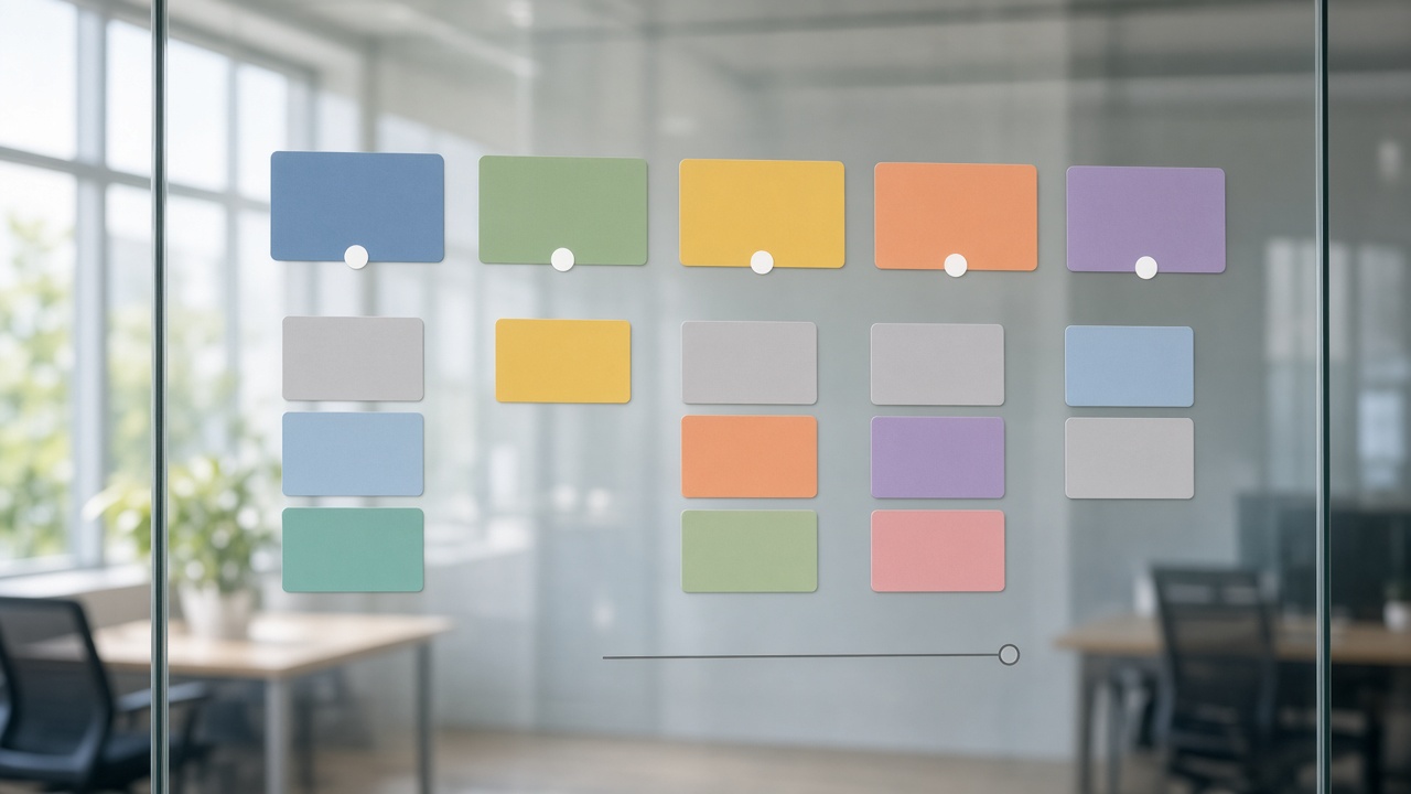 Workflow cards on a glass wall
